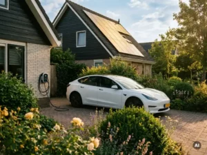 Wit elektrisch voertuig oplaadt via wandlader op zonnige oprit, zonnepanelen op Nederlands woonhuisdak erboven, groene tuin op achtergrond.