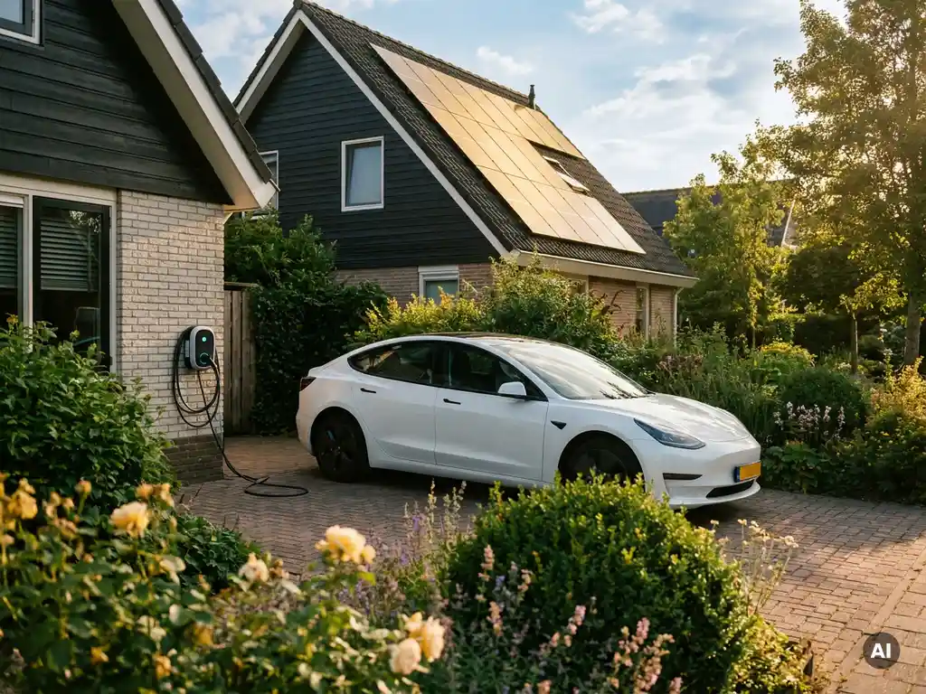 Wit elektrisch voertuig oplaadt via wandlader op zonnige oprit, zonnepanelen op Nederlands woonhuisdak erboven, groene tuin op achtergrond.