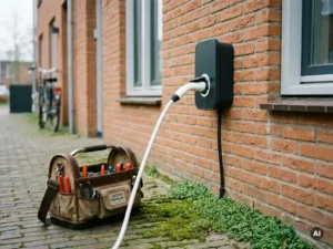 Witte laadkabel aangesloten op thuislader aan bakstenen gevel, gereedschapstas van installateur op de grond, bewolkt daglicht.