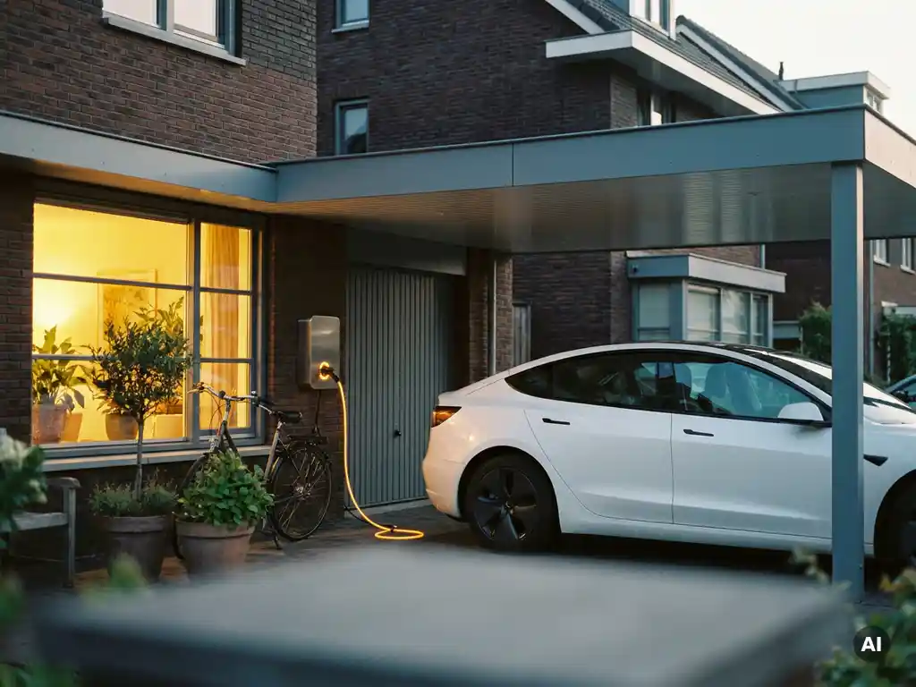 Witte elektrische auto aangesloten op thuislader aan garagemuur in Nederlandse wijk, warm avondlicht, laadkabel oplichtend.