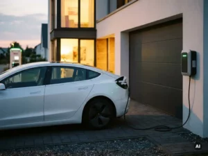 Witte elektrische auto die oplaadt bij een thuislader in een garage, warme avondsfeer met zachte schemering op de oprit.