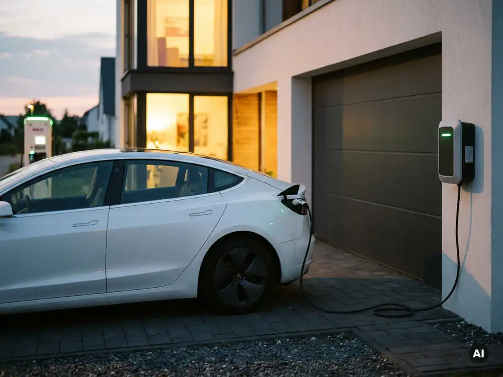 Witte elektrische auto die oplaadt bij een thuislader in een garage, warme avondsfeer met zachte schemering op de oprit.