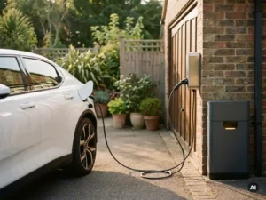 Witte elektrische auto opgeladen bij thuislaadstation op bakstenen garagemuur, naast compacte thuisbatterij, groene tuin op achtergrond.