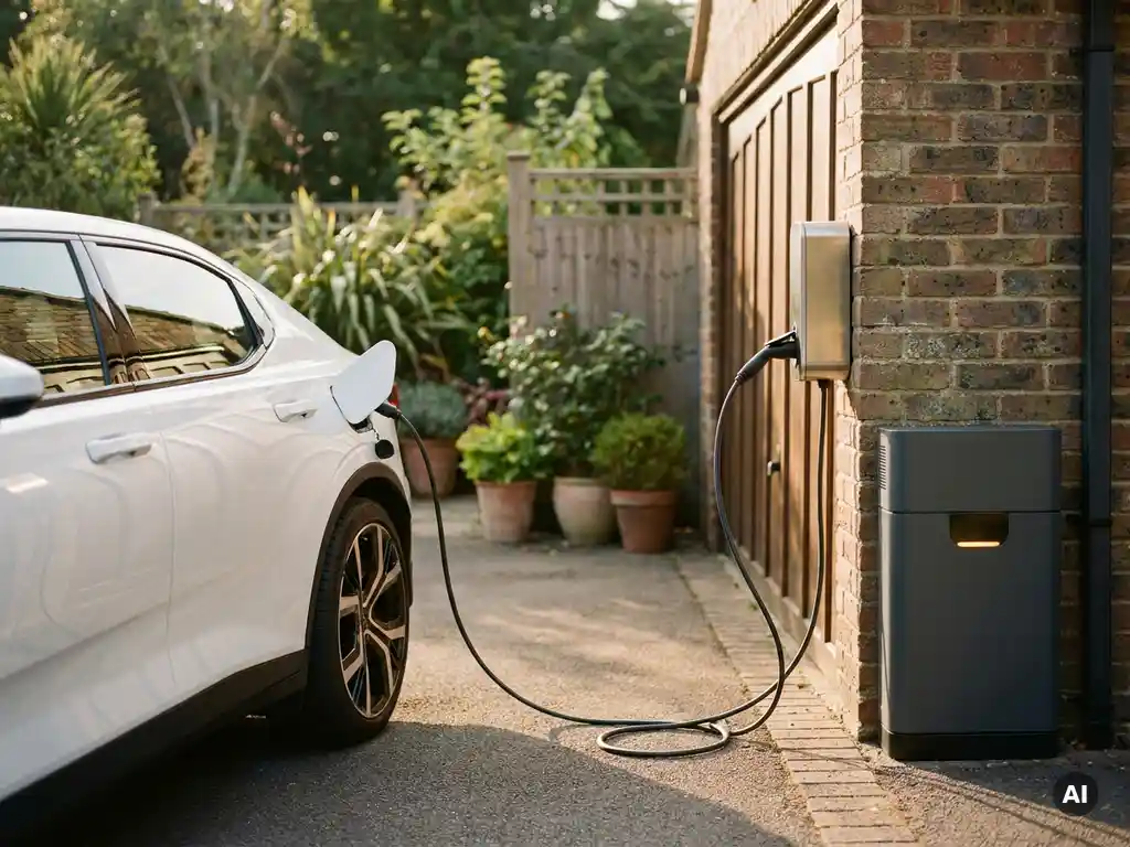 Witte elektrische auto opgeladen bij thuislaadstation op bakstenen garagemuur, naast compacte thuisbatterij, groene tuin op achtergrond.