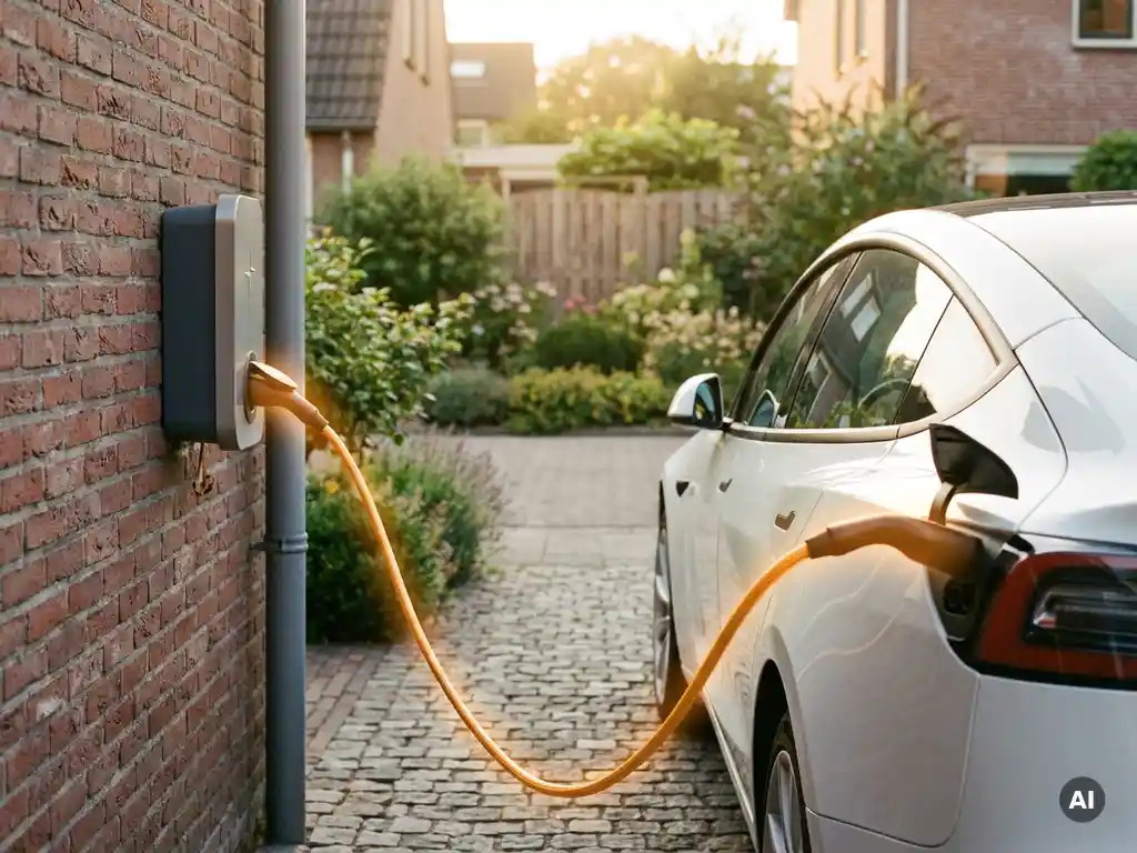 Witte elektrische auto aangesloten op thuislaadstation aan bakstenen gevel van Nederlandse woning in avondlicht.