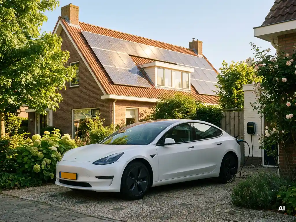 Witte elektrische auto oplaadpunt in oprit van Nederlands huis met zonnepanelen op dak, omgeven door groene tuin.