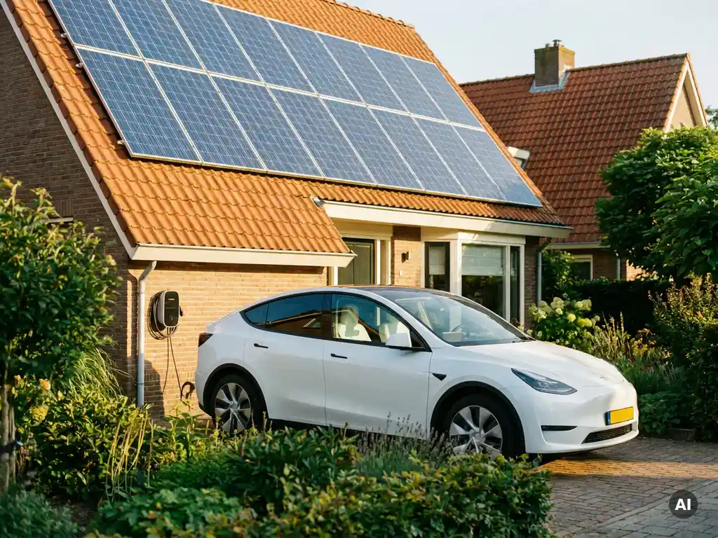 Witte elektrische auto op oprit thuis opladen via wandlader, zonnepanelen op Hollands dak, groene tuin in middagzon.