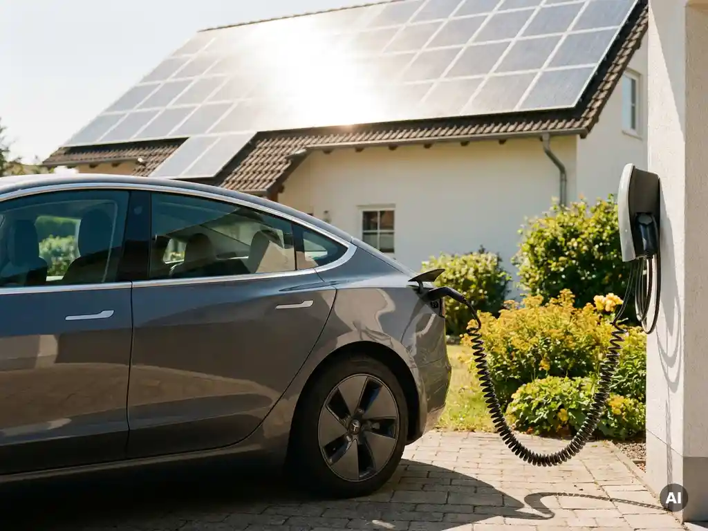 Elektrische auto die oplaadt op zonnestroom via thuislader, zonnepanelen op dak, groene tuin op zonnige middag.