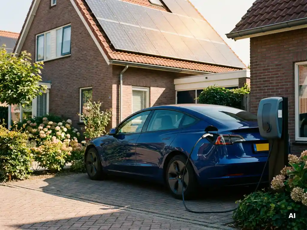 Elektrische auto oplaadend op zonnige oprit met zonnepanelen op Nederlands woonhuis, laadkabel verbonden met thuislader.