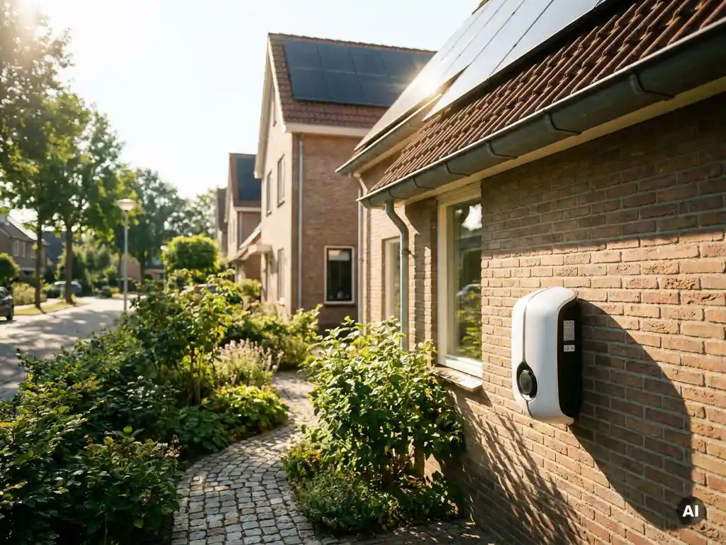 Wit EV-laadstation op de gevel van een Nederlandse woning met zonnepanelen op het terracotta pannendak in warm middagzonlicht.