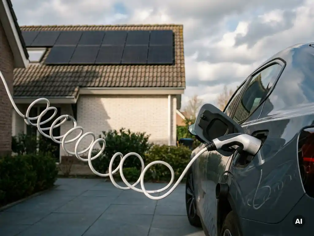 Witte EV-laadkabel aangesloten op auto op oprit, zonnepanelen op dak zichtbaar onder bewolkte lucht.