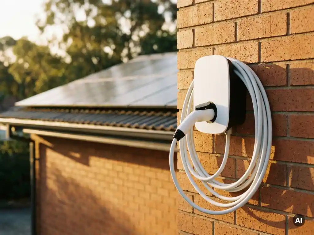 Witte EV-laadkabel aangesloten op thuislaadstation op bakstenen muur, zonnepanelen zichtbaar op achtergrond in middaglicht.