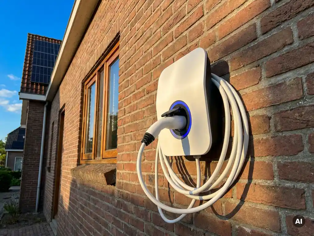 Witte EV-laadkabel aangesloten op thuislader bij Nederlandse bakstenen woning met zonnepanelen op het dak.