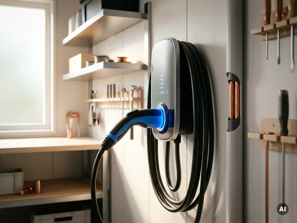 Elektrische laadkabel aangesloten op wandlader in garage, met zichtbare koperen aders in geopende kabelmantel.
