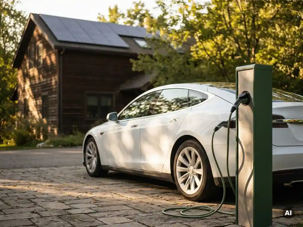 EV-laadpaal aangesloten op elektrische auto op oprit, zonnepanelen op dak op achtergrond, warm middaglicht.
