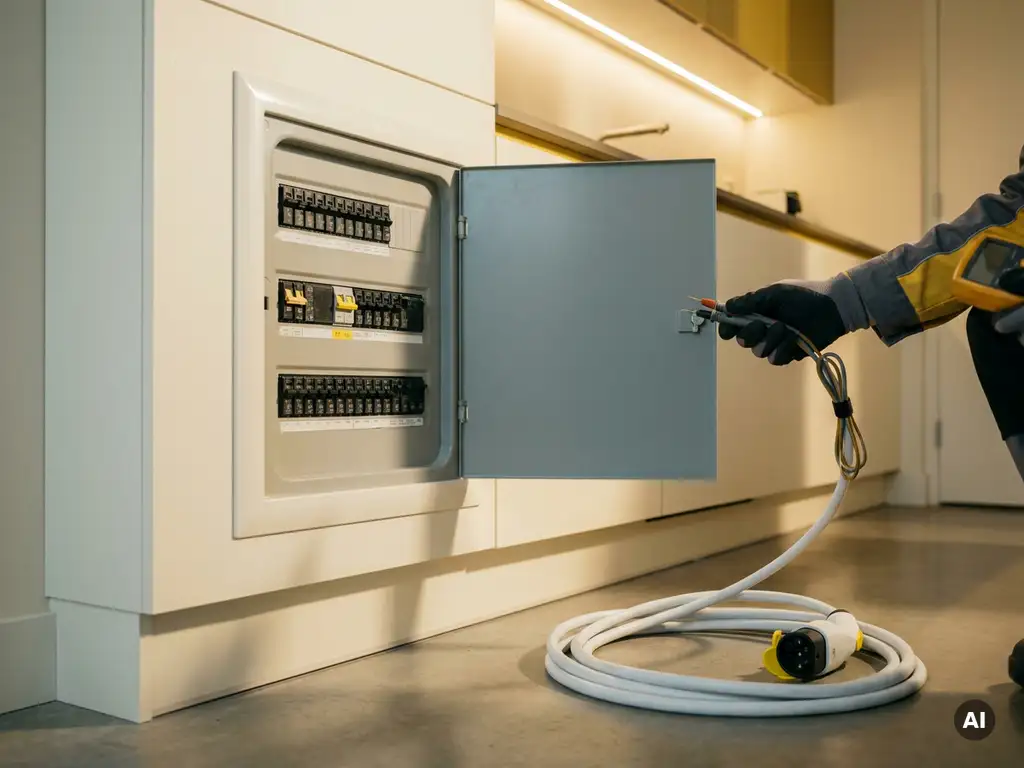 Gecertificeerde elektricien inspecteert meterkast met installatieautomaten naast een opgerolde witte laadkabel voor elektrische auto.