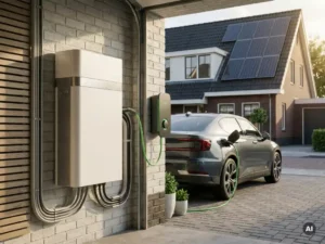 Witte thuisbatterij op garagemuur verbonden met EV-laadpaal, elektrische auto op Nederlandse oprit, zonnepanelen op dak op de achtergrond.