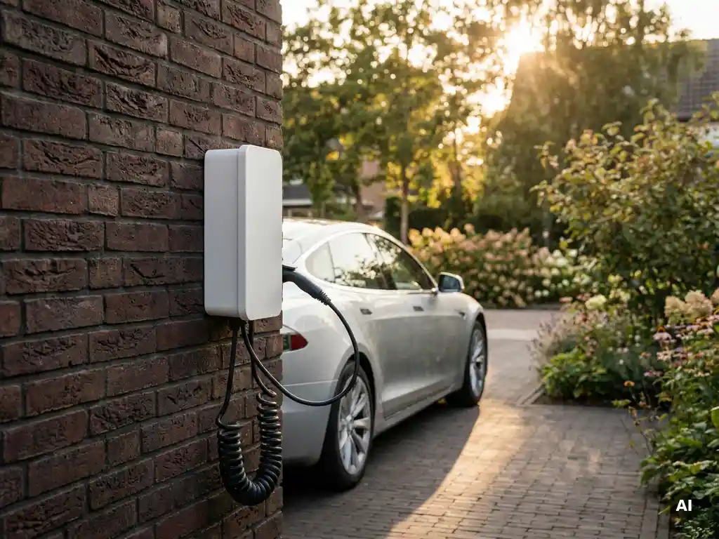 Witte thuislader voor elektrische auto gemonteerd op Nederlandse bakstenen gevel, met aangesloten zilveren EV op oprit en groene tuin op achtergrond.