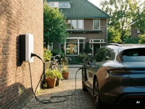 Witte thuislader voor elektrische auto gemonteerd op bakstenen gevel, moderne EV aangesloten in Nederlandse voortuinoprit, gouden middaglicht.