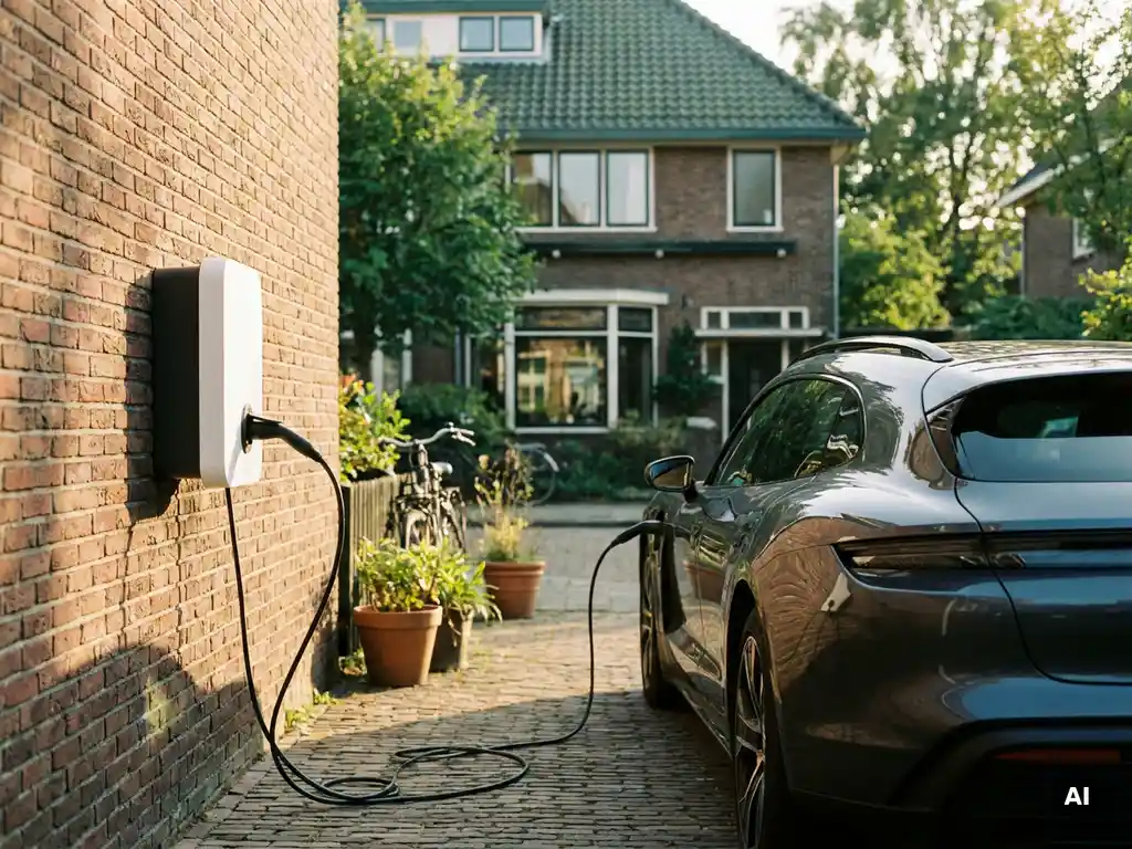 Witte thuislader voor elektrische auto gemonteerd op bakstenen gevel, moderne EV aangesloten in Nederlandse voortuinoprit, gouden middaglicht.