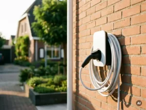 Witte laadkabel van elektrische auto aangesloten op thuislader aan bakstenen gevel van Nederlandse woning in warm middaglicht.