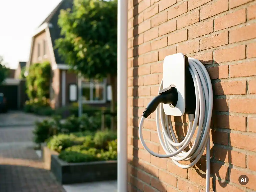 Witte laadkabel van elektrische auto aangesloten op thuislader aan bakstenen gevel van Nederlandse woning in warm middaglicht.