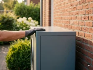 Technicus inspecteert een moderne warmtepomp op de bakstenen buitenmuur van een Nederlandse woning, groene tuin op de achtergrond.