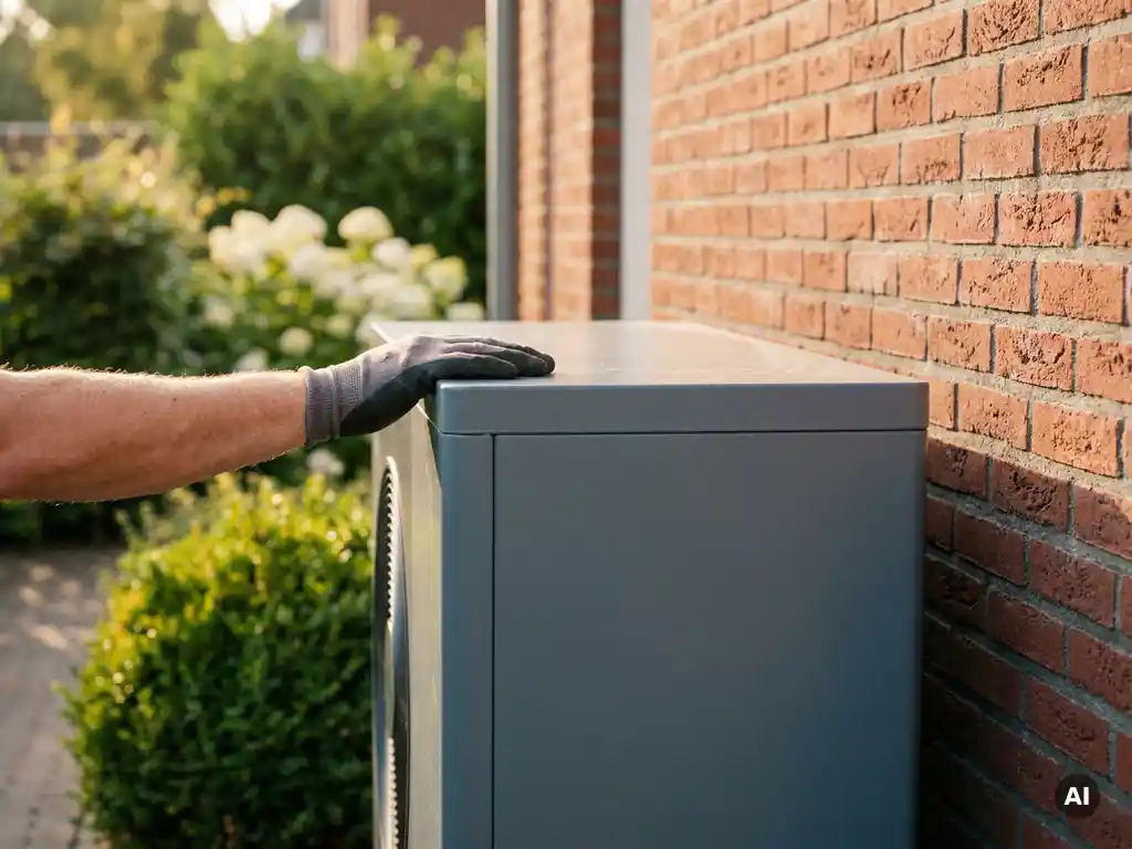 Technicus inspecteert een moderne warmtepomp op de bakstenen buitenmuur van een Nederlandse woning, groene tuin op de achtergrond.