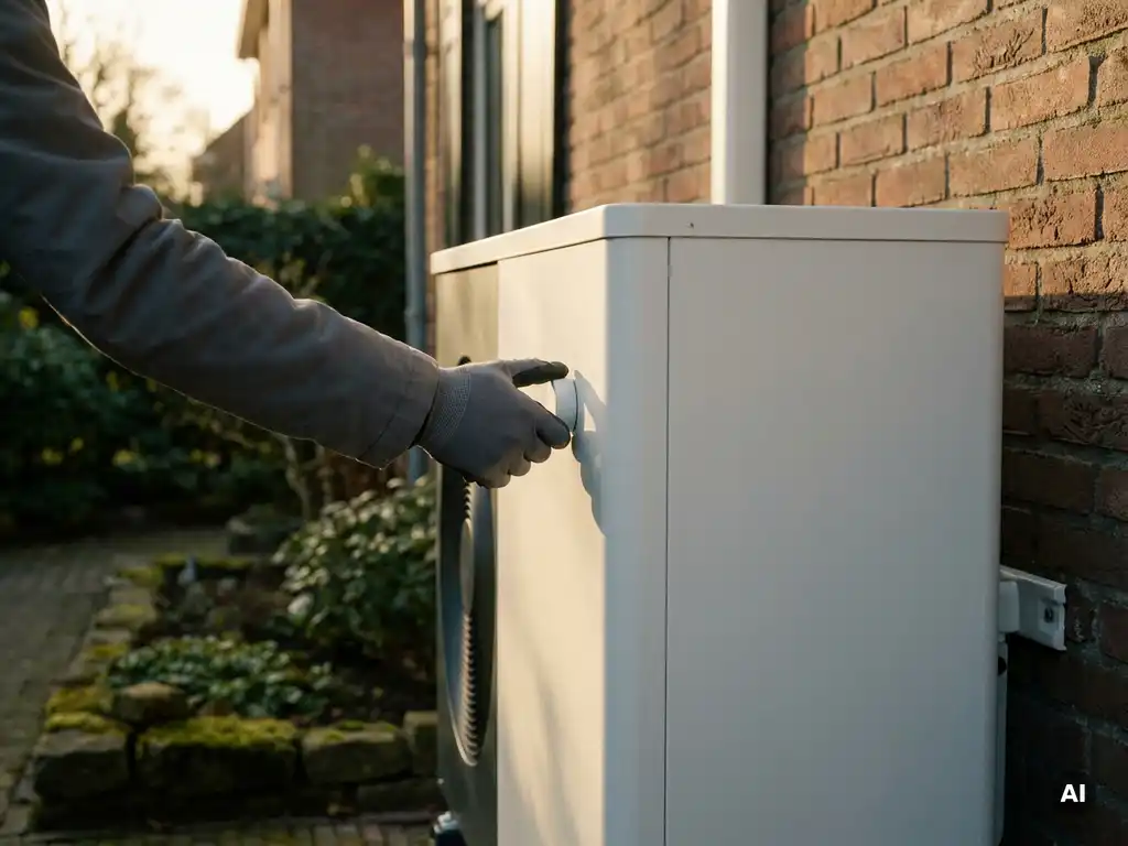 Technicus stelt witte warmtepomp in op bakstenen buitenmuur van Nederlandse woning, groene tuin op achtergrond.