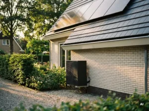 Warmtepomp naast Nederlandse woning met zonnepanelen op het dak, omgeven door groene tuin in warm middaglicht.