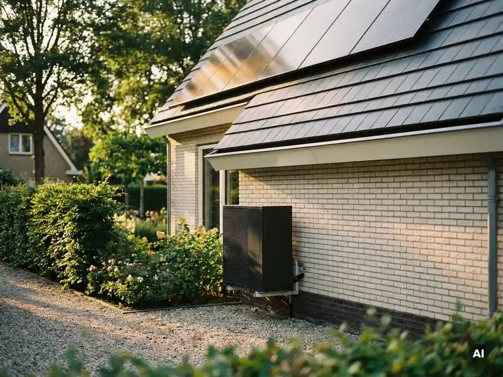 Warmtepomp naast Nederlandse woning met zonnepanelen op het dak, omgeven door groene tuin in warm middaglicht.