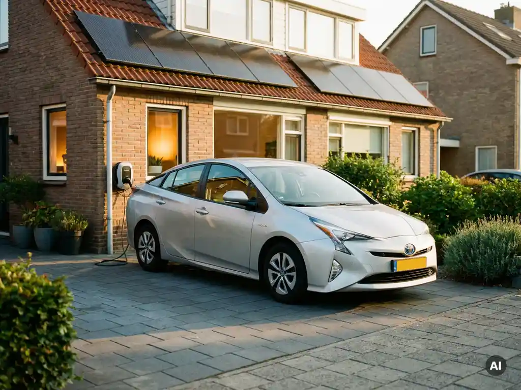 Zilveren hybride auto opgeladen via laadkabel op oprit van Nederlandse woning met zonnepanelen op dak.