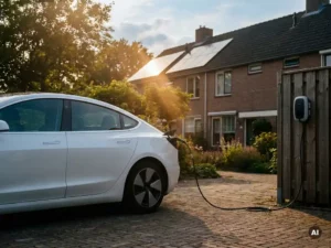 Wit elektrisch voertuig oplaadt op Nederlandse oprit met zonnepanelen op dak in middagzon.