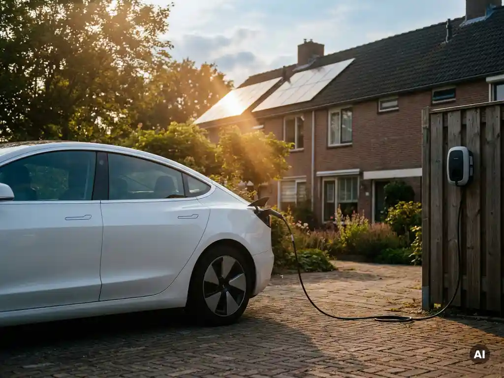 Wit elektrisch voertuig oplaadt op Nederlandse oprit met zonnepanelen op dak in middagzon.