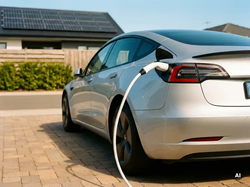 Witte EV-laadkabel aangesloten op elektrische auto op zonnige oprit, zonnepanelen zichtbaar op dak van woning op achtergrond.