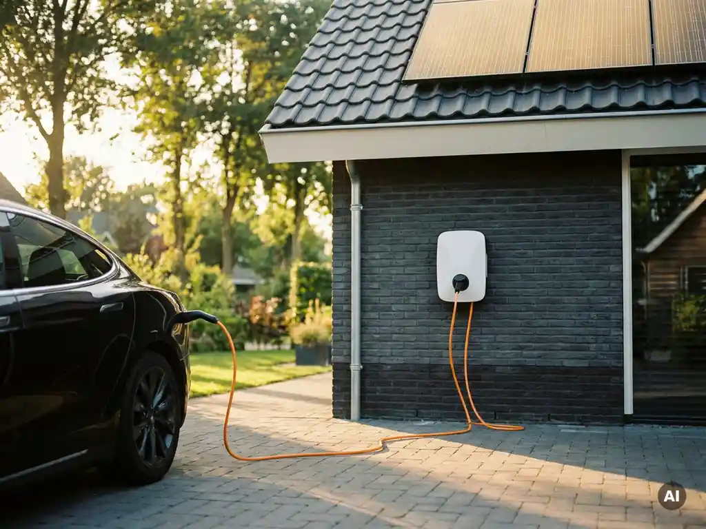 Witte EV-laadpaal aangesloten op moderne Nederlandse woning met zonnepanelen op het dak, gefotografeerd in warm middaglicht.