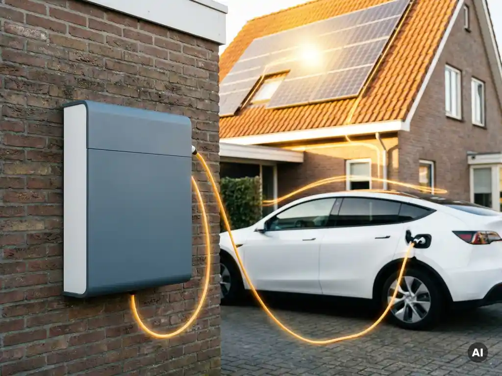 Thuisbatterij op garagemuur met elektrische auto op oprit en zonnepanelen op Nederlands dak in middagzon.