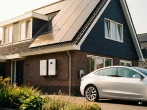 Moderne Nederlandse woning met zonnepanelen op het dak, thuisbatterij aan de gevel en elektrische auto die oplaadt op de oprit.