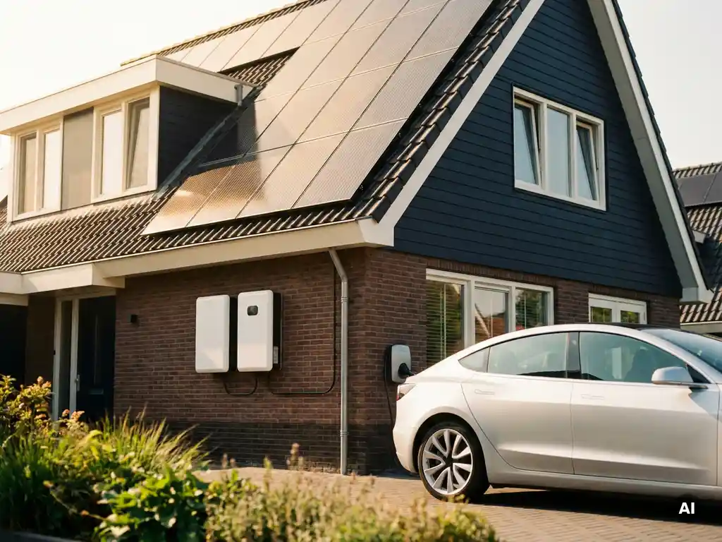Moderne Nederlandse woning met zonnepanelen op het dak, thuisbatterij aan de gevel en elektrische auto die oplaadt op de oprit.