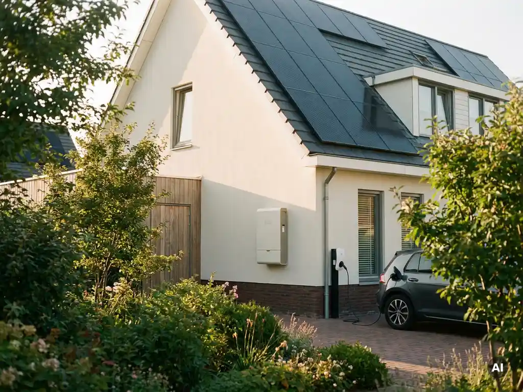 Zonnepanelen op dak van Nederlandse gezinswoning met thuisbatterij en wit EV-laadstation op de oprit in middagzon.