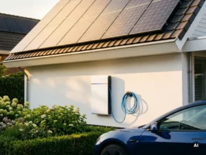 Zonnepanelen op woonhuis met thuisbatterij aan witte gevel en EV-laadkabel aangesloten op geparkeerde auto in Nederlandse tuin.