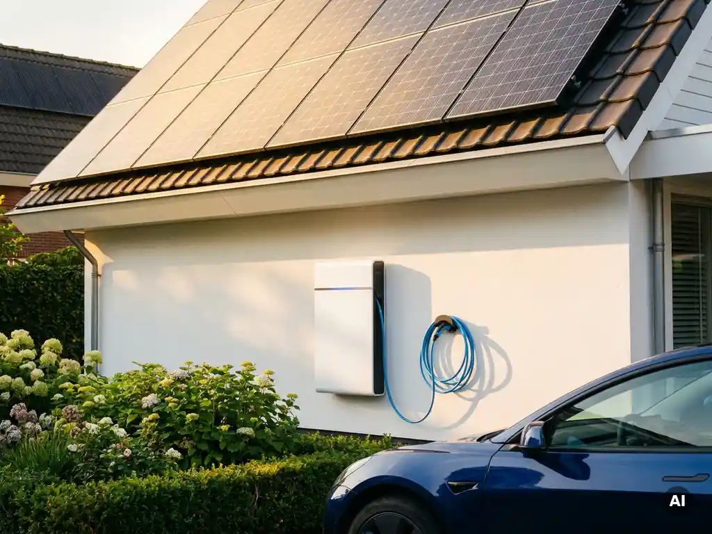 Zonnepanelen op woonhuis met thuisbatterij aan witte gevel en EV-laadkabel aangesloten op geparkeerde auto in Nederlandse tuin.